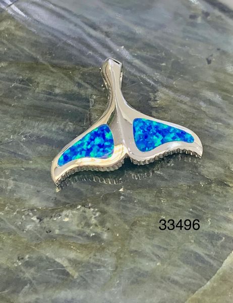 925 Sterling Silver Simulated Blue opal pendant whale tail style ,33496-k5