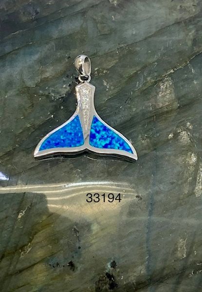 925 Sterling Silver Simulated Blue opal Pendant whale tail style ,33194.k5