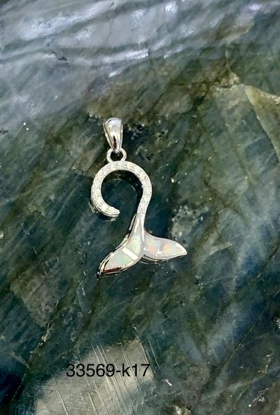 925 Sterling Silver Simulated White opal Pendant whale tail style ,33569-k17