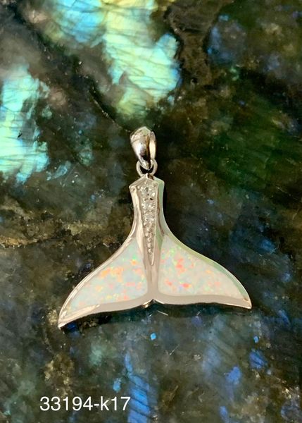 925 Sterling Silver Simulated White opal Pendant whale tail style ,33194-k17