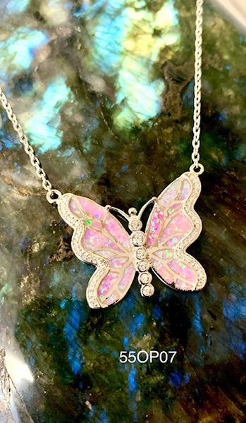 925 Sterling silver Simulated PINK Opal Necklace Butterfly style ,-55op07-k10