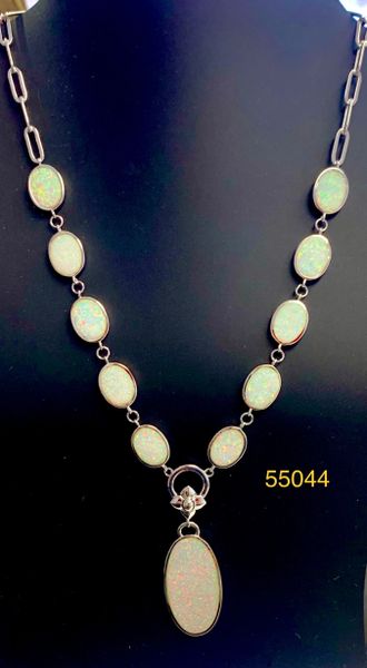 925 S,Silver Simulated White Opal necklace,paperclip chain,55044-k17