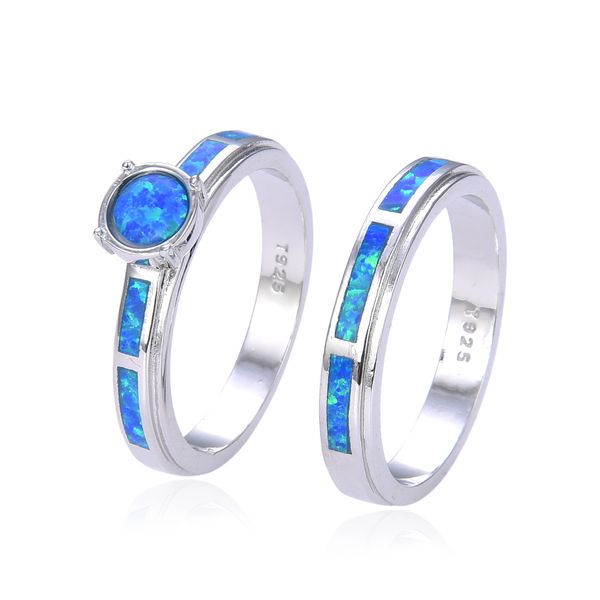 925 Sterling Silver SIMULATED blue opal ring - double set wedding band style -11971-k5