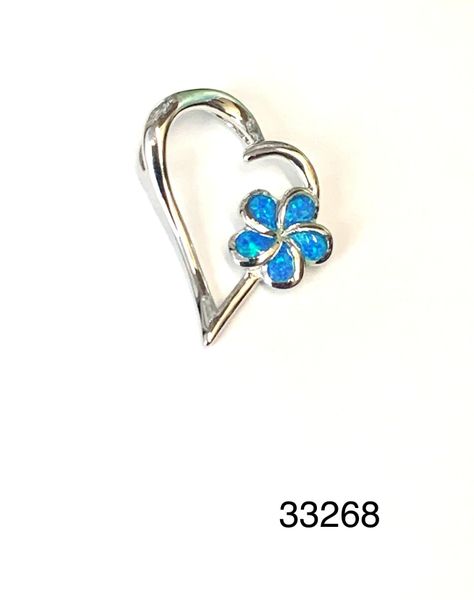 925 STERLING SILVER PLUMERIA & HEART,SIMULATED BLUE OPAL PENDANT - 33268-K5