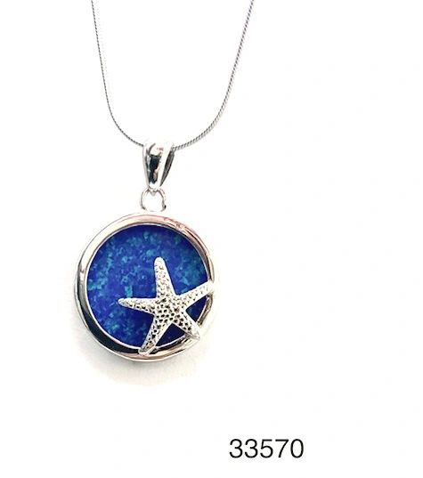 925 Sterling Silver Simulated blue opal star fish pendant-33570-k5