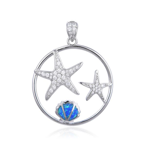 925 STERLING SILVER STARFISH AND SIMULATED BLUE OPAL SHELL PENDANT -33616-K5