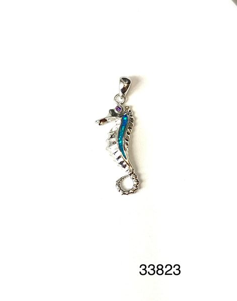 925 STERLING SILVER SIMULATED BLUE OPAL SEAHORSE PENDANT-33823-K5
