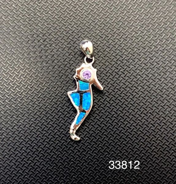 925 STERLING SILVER SIMULATED BLUE OPAL SEAHORSE PENDANT-33812-K5