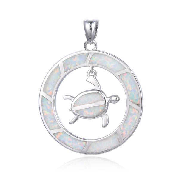 925 STERLING SILVER SIMULATED WHITE OPAL TURTLE PENDANT LIFE CIRCLE STYLE-33580-K17