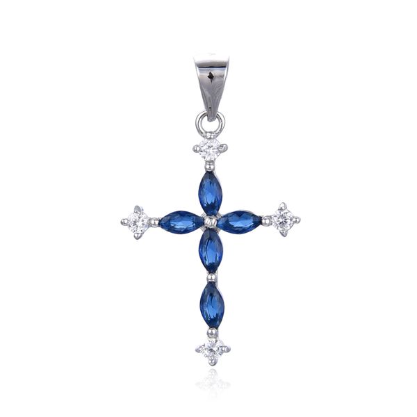 925 Sterling Silver sapphire CZ Cross Pendant-33718-sph