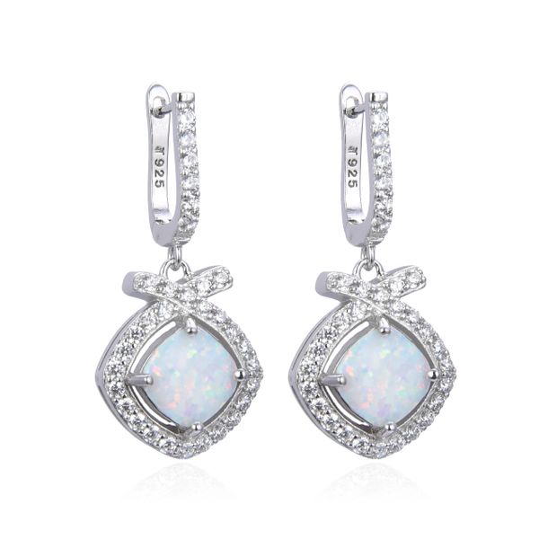 925 STERLING SILVER SIMULATED WHITE OPAL EARRINGS,LONG DANGLING FRENCH HOOK SQUARE -22740-K17