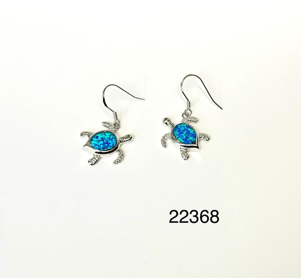 925 STERLING SILVER SIMULATED BLUE OPAL TURTLE EARRINGS DANGLING - 22368-K5