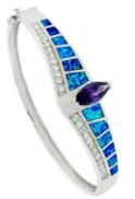 925 STERLING SILVER SIMULATED BLUE OPAL BANGLE WITH CZ AMETHYST-66064-K5-CZ09