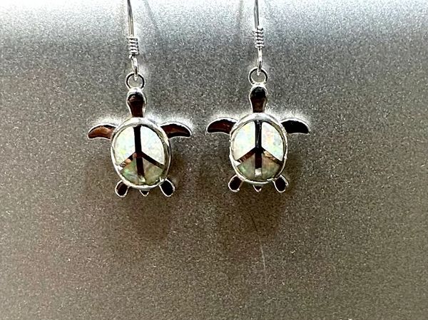 925 STERLING SILVER SIMULATED WHITE OPAL TURTLE FISH WIRE EARRINGS -22OP03-K17