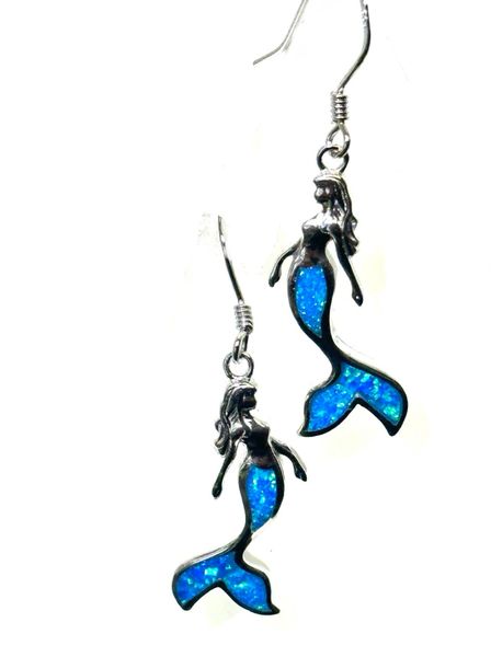 925 Sterling Silver Simulated Blue Opal Little Mermaid Earrings 22789-k5