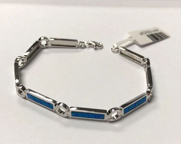 925 Sterling Silver Simulated Blue Opal Bracelet, bar links-44100-k5