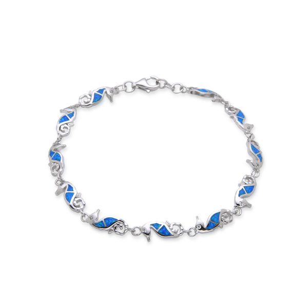 925 Sterling Silver Simulated Blue Opal Sea Horse Style Bracelet - 44236-k5
