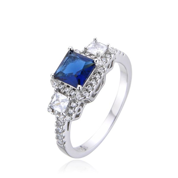 925 Sterling Silver Color CZ Sapphire 3 Stone Halo Ring,11085-Saph