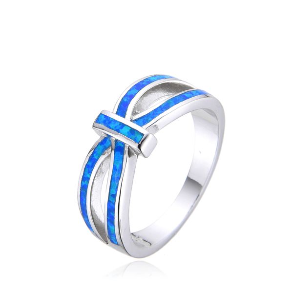 925 Sterling Silver Simulated Blue Opal Inlaid Ring-11187-k5