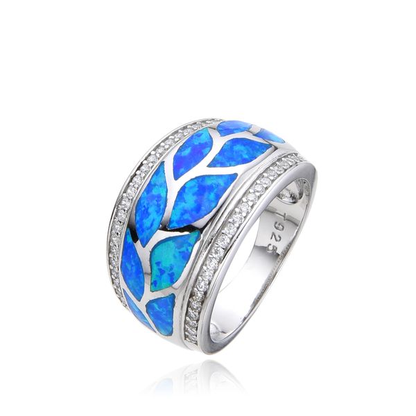 925 Sterling Silver Simulated Blue Leaf Opal Inlaid Ring-11230-k5