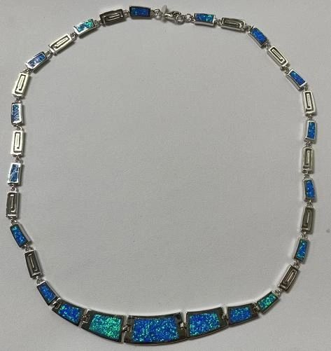 925 Sterling Silver Simulated Blue Opal Greek Key Necklace-55231-k5