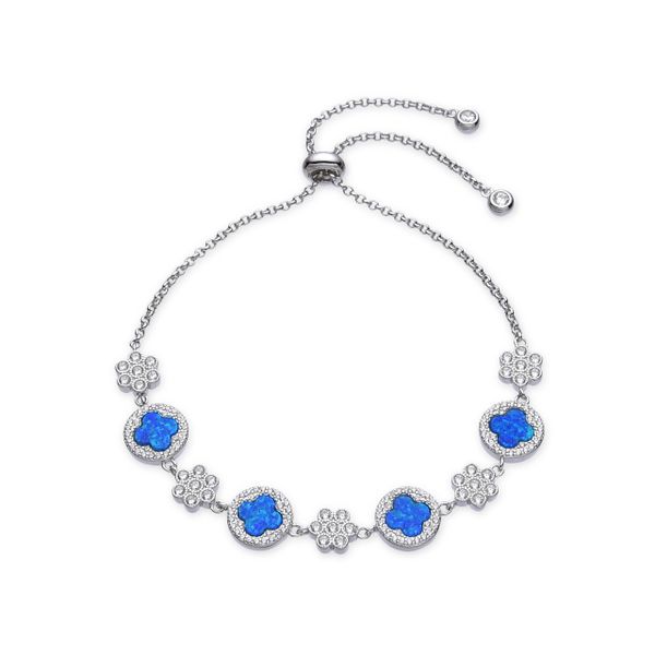 925 Sterling Silver Lab grown Blue Opal Bolo flower Bracelet -44312-k5