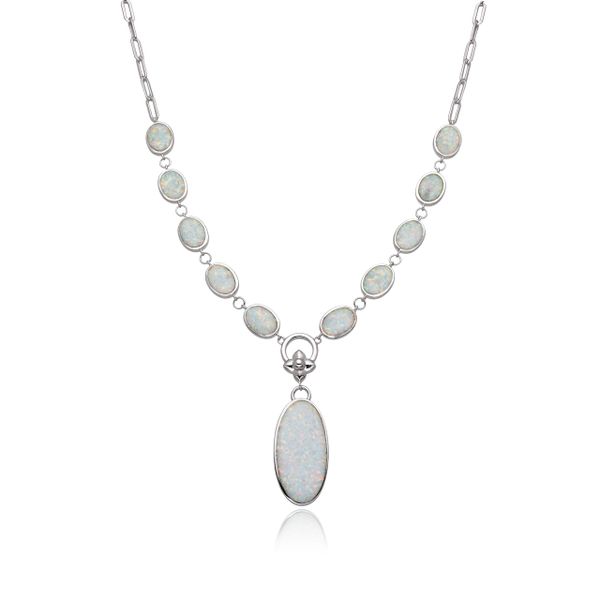 925 S,Silver Simulated White Opal necklace combined with paperclip chain,55044-k17
