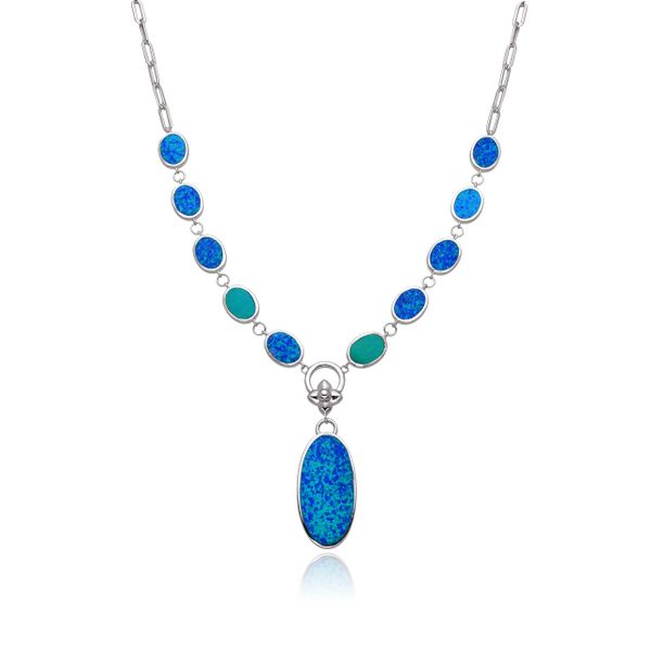 925 S,Silver Simulated Blue Opal necklace combined with paperclip chain,55044-k5