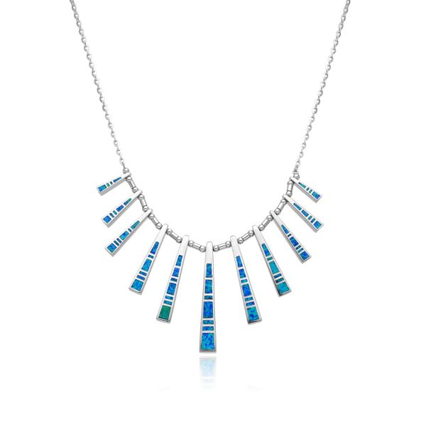 925 Sterling Silver Simulated Blue Opal necklace combined with Rolo chain,55050-k5