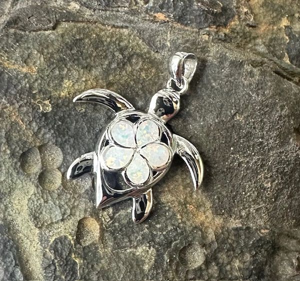 925 Sterling SILVER lab Grown INLAID OPAL TURTLE with Plumeria flower PENDANT-SEA LIFE- 33OP16-K17