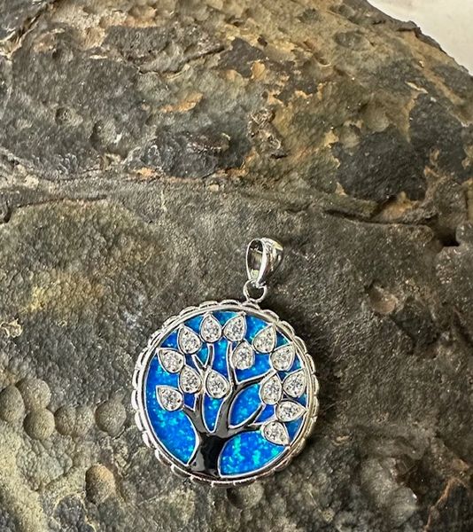925 Sterling Silver Simulated Blue Opal tree of life pendant-33735-k5