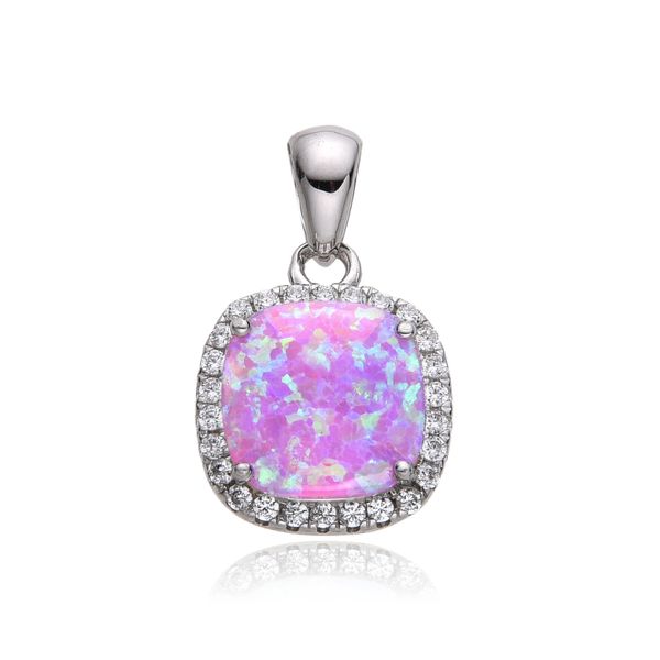 925 Sterling Silver Simulated Pink Opal Halo Square Art Deco Pendant,33687-K10