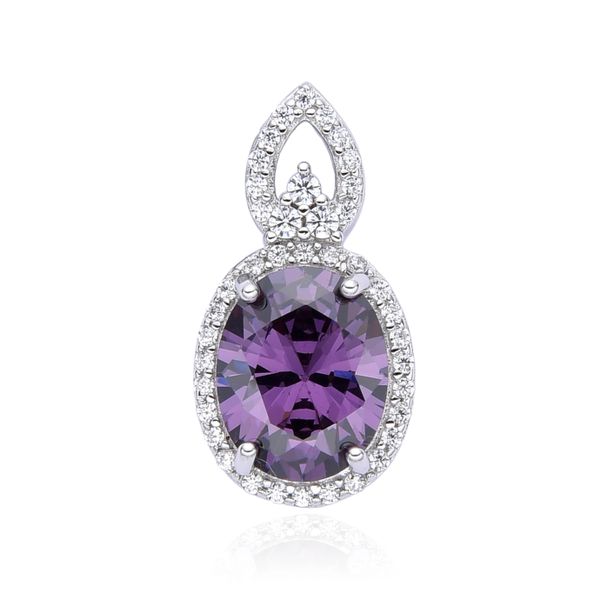 925 STERLING SILVER HALO STYLE OVAL CZ AMETHYST PENDANT-33370-09