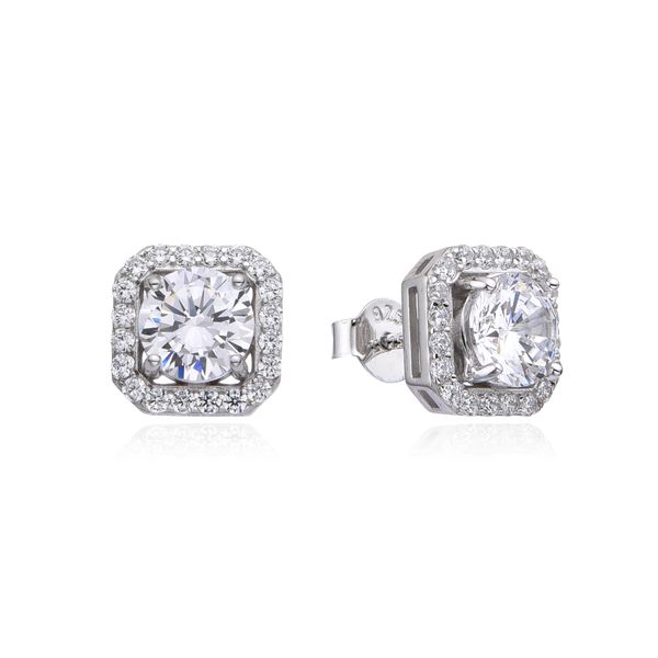 925 Sterling Silver CZ Diamond and cz Tanznite HALO SQUARE stud earrings-22920-WCZ