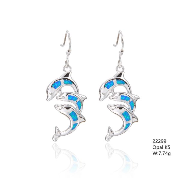 925 SIMULATED BLUE OPAL 3 Dolphine Earrings,SEA LIFE- 22299-K5