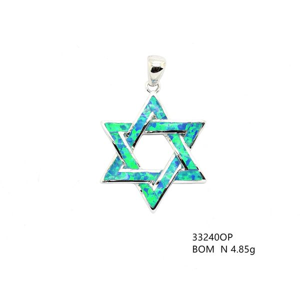 925 Silver ,Jewish star , Inlaid Lab Opal Pendant, 33240