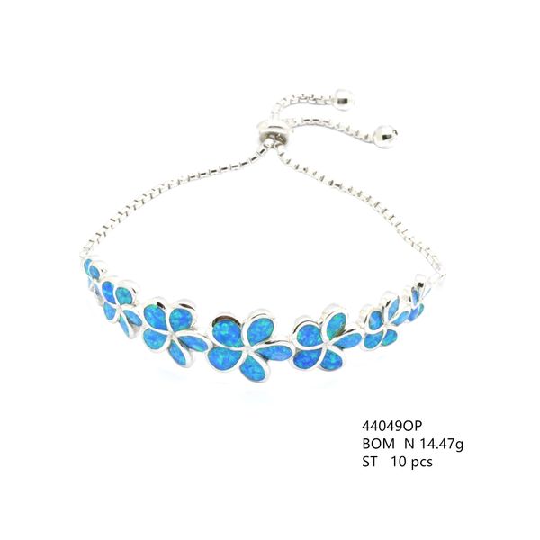 Plumeria Hawaiian Flower ,Sterling Silver Simulated Blue Opal bracelets , fox tail , adjustable ,44049