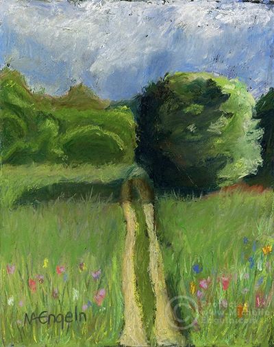 round bush with blue cloudy sky green grass and bushes a trail and shadows flowers foreground pastel