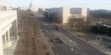 An overhead view of Pennsylvania Avenue and the US Capitol