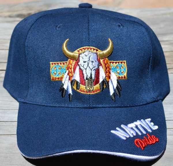 Ball Cap with Native American Inspired Design featuring Native Pride Lettering and Bison Skull