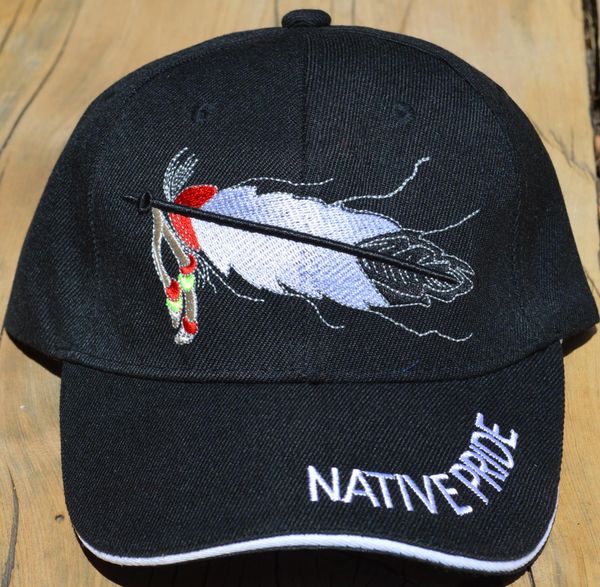Ball Cap with Native American Design featuring Native Pride Lettering and One Feather on Front