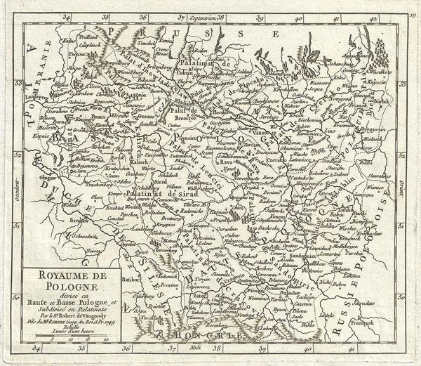 De Vaugondy Map, Royaume de Pologne divise en Haute et Base Pologne, et subdivise en Palatinais...