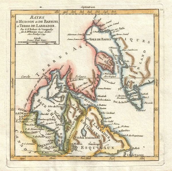 De Vaugondy Map, Bayes d'Hudson et de Baffins, et Terre de Labrador...