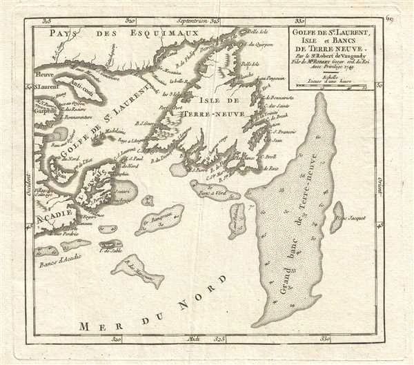 De Vaugondy Map, Golfe de St-Laurent, Isles et Bancs de Terre Neuve...