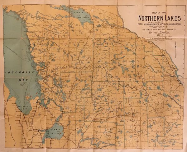 Map of the Northern Lakes Showing Parry Sound, Muskoka, Nipissing, Haliburton and Georgian Bay. The Famous Highland Lake Region of Ontario, Canada.