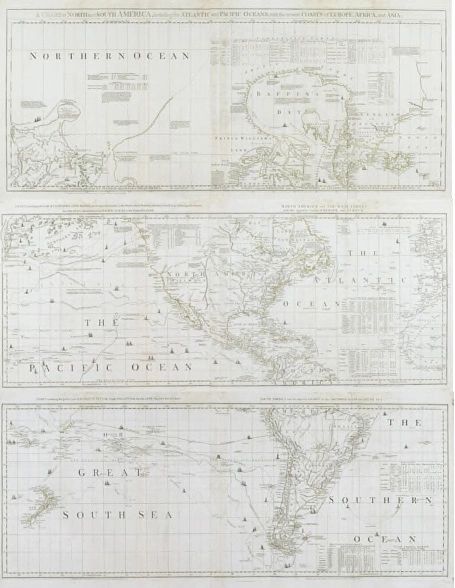 A Chart of North an South America, including the Atlantic and Pacific Oceans, with the nearest Coasts of Europe, Africa, and Asia.