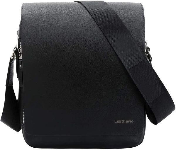 Leathario Men PU Leather Shoulder Bag Small Men Messenger Bag Crossbody  Satchel Bag ipad Bag for Men(Black-S)