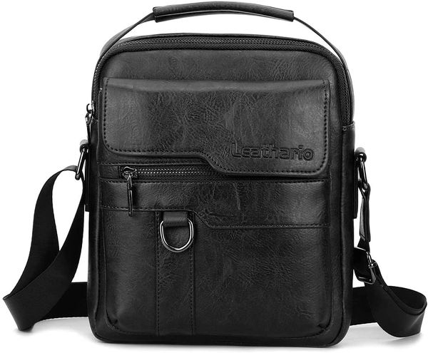 Leathario Men PU Shoulder Bag Small Men Messenger Bag Crossbody Satchel Bag  ipad Bag for Men (Black