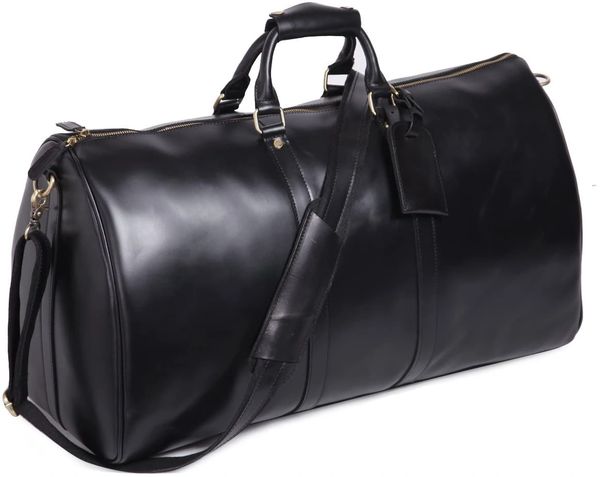 Leathario Men's Leather Luggage Wheeled Duffle, Leather Travel Bag (Black)