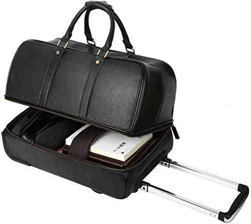 Leathario Men's Leather Luggage Wheeled Duffle, Leather Travel Bag (Black)